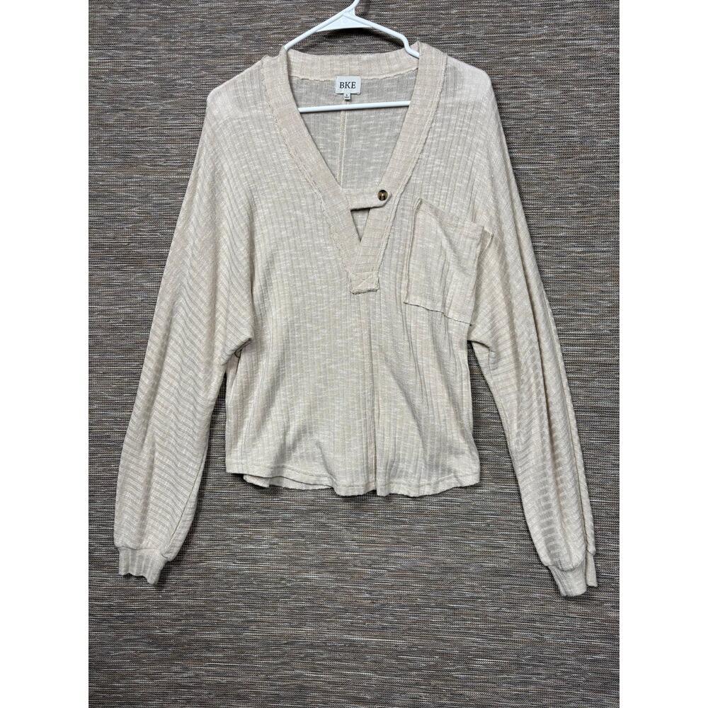 BKE Sweater Womens Small Beige Lightweight Knit V Neck Henley Pocket Long Sleeve